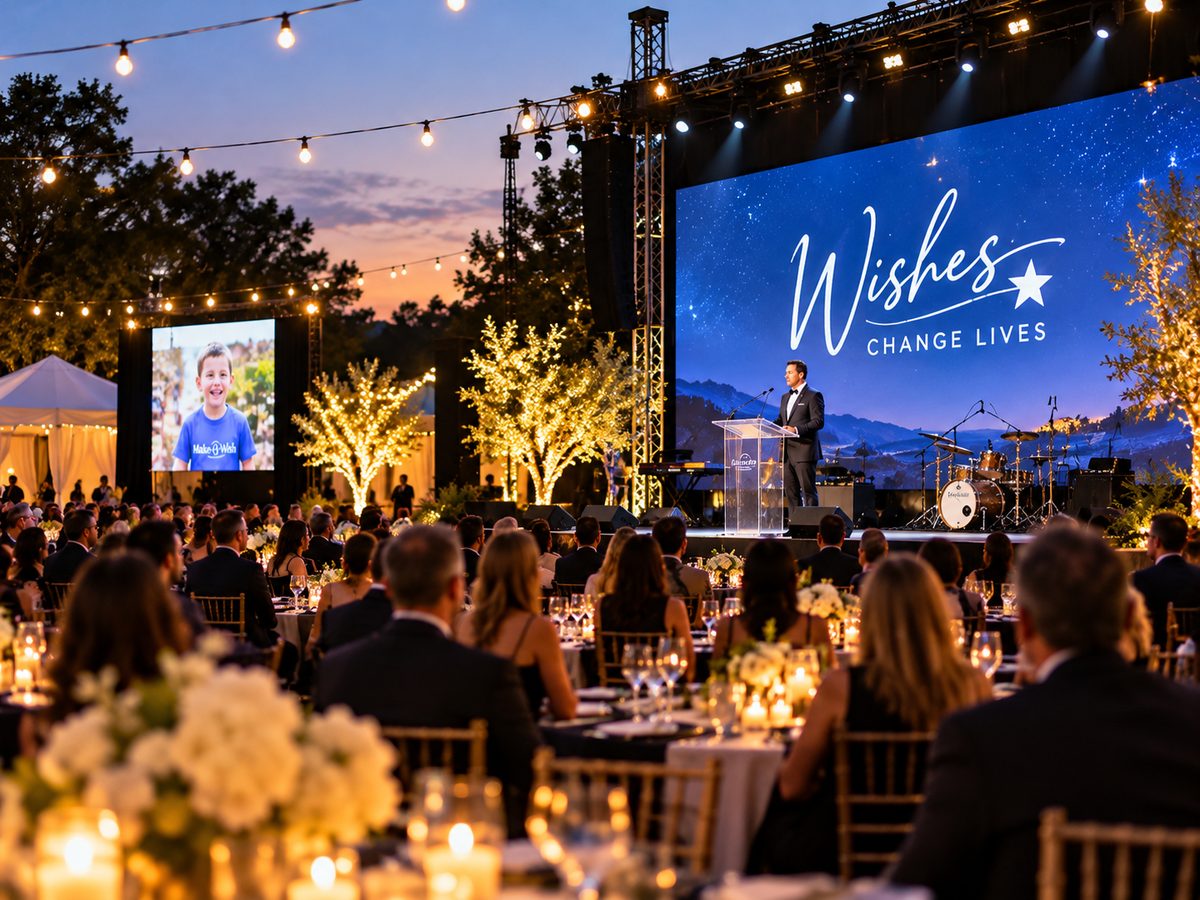 Outdoor evening charity gala with a speaker on stage and candlelit tables