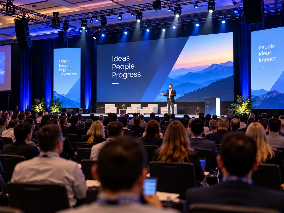 Keynote speaker on a conference stage in front of a full audience
